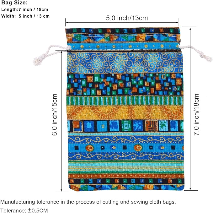 PINOWU Ethnic Style Drawstring Gift Bag 5x7 Cotton Reusable Pouches (12pcs) Jewelry Coin Storage Pouch Eco-Friendly Sachet Bags for Candy Wedding Party Valentine Favors