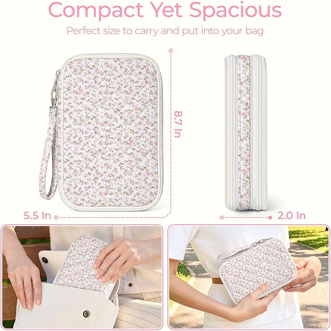 Quilted Travel Cable Organizer Pouch, Portable Electronic Accessories Carry Case, Double Layer All-in-One Storage Bag for Chargers, Cords, Phone, Gadgets (Pink Floral)