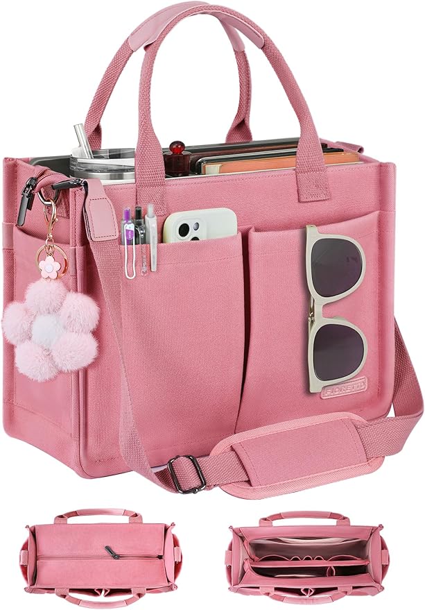 FIORETTO Womens Canvas Tote Bag Purse with Individual Compartment, Zipper Top, Reinforced Bottom & Luggage Sleeve