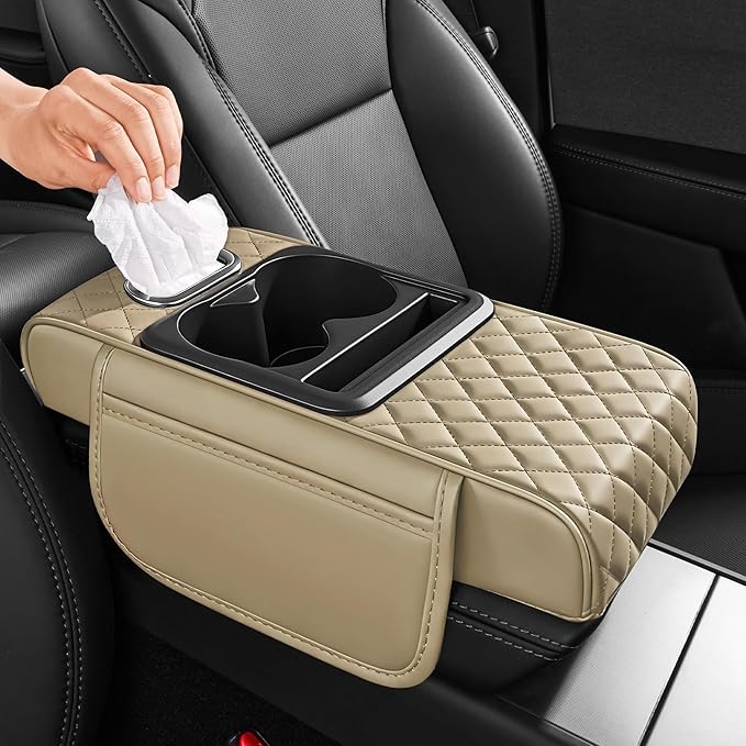 5 in 1 Car Center Console Cover, Armrest Pad with 2 Storage Pockets, Cup Holder, Tissue Slot, Phone Holder, Nappa Leather Memory Foam Car Accessories for SUV Sedan Truck (Beige)