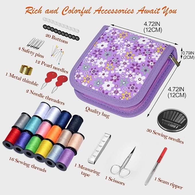 Sewing Kit Gifts for Grandma, Mom, Friend, Traveler, Adults, Beginner, Emergency,Sewing Supplies Accessories with Scissors,Sewing Needles Thimble, Thread,Tape Measure etc(Wildflower Purple, S)