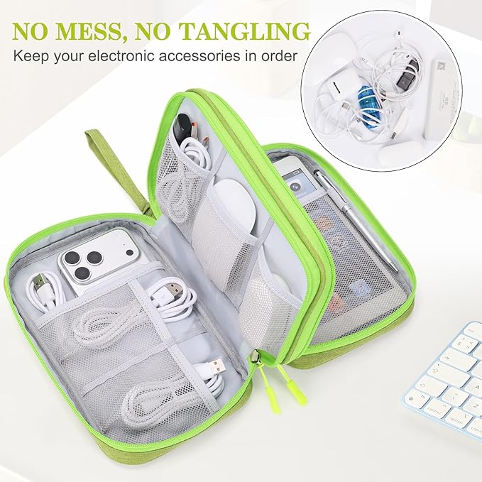 FYY Electronic Organizer, Large Travel Cable Organizer Bag Pouch Electronic Accessories Carry Case Portable Waterproof Double Layers All-in-One Storage Bag for Cable, Cord, Charger, Green