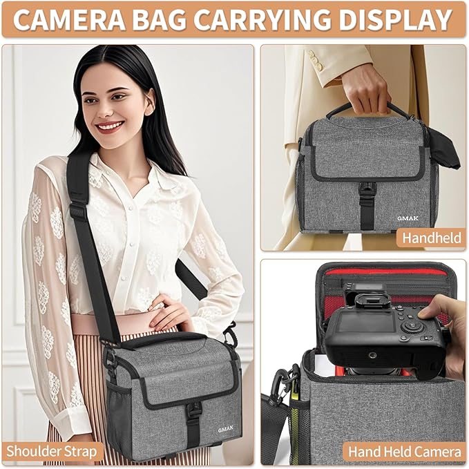 GMAK Camera Bag for Photographers, Anti-shock Camera Shoulder Bags with Water-resistant Rain Cover, Camera Case Compatible for DSLR/SLR/Mirrorless Cameras, 9'' × 4.7'' × 7.5'', Grey