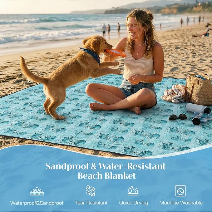 OIGAE Oversized Beach Blanket, 9×10 ft Sand-Free Outdoor Mat for Groups, Quick-Dry Picnic Blanket with Stakes & Corner Pockets, Jellyfish， Green