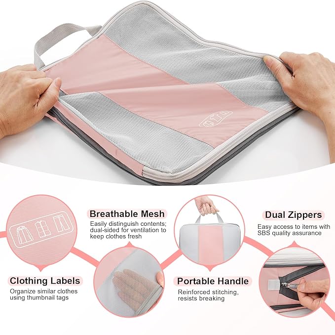 8 Set Compression Packing Cubes for Travel Essentials,Compressible Expandable Packing Cubes for Suitcase,OlarHike Luggage Garment Bags for Travel,Handy Helper for Organizing Clothes(Pink)