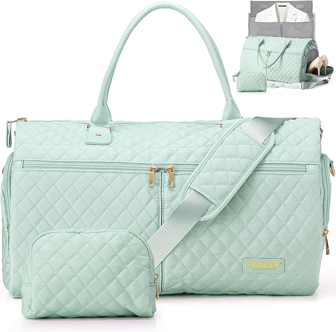 STOVER Women’s Convertible Garment Duffel Bag for Travel – 2-in-1 Carry-On Weekender/Overnight Tote - Wrinkle-Free Dresses, Suits & Clothes + Shoe Compartment & Bonus Toiletry Bag (Coastal Mint)