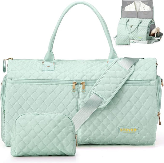 STOVER Women’s Convertible Garment Duffel Bag for Travel – 2-in-1 Carry-On Weekender/Overnight Tote - Wrinkle-Free Dresses, Suits & Clothes + Shoe Compartment & Bonus Toiletry Bag (Coastal Mint)
