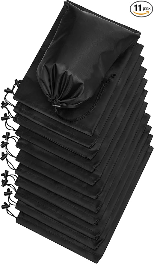 PALTERWEAR Drawstring Pouch (8 x 11 Inch, 12 Pack, Black) Nylon Cinch Bag with Toggle for Travel, Gym and Storage