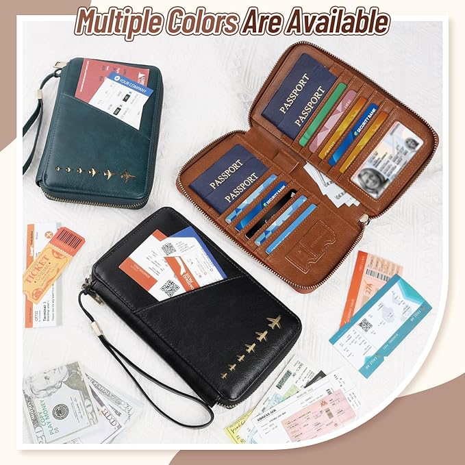 Family Passport Holder for 4 with Clear Passport Cover Anti-Theft RFID Blocking Passport Holder for Travel PU Passport Wallet Case Travel Document Organizer (Brown)