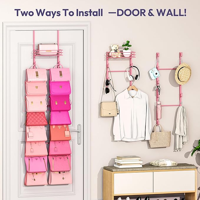 SWTYMIKI Over The Door Purse Organizer - Wall Mounted Handbag Organizer with 16 Hooks and Metal Basket, Hanging Purse Storage Rack Holds up to 16 Bags, Bag Rack Can Use As 1/2 Part, for Door, Closet