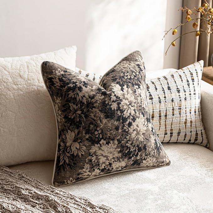 DEZENE Pack of 2 Vintage Floral Throw Pillow Covers 18x18 Boho Farmhouse Accents Chenille Square Decorative Pillow Cases for Living Room Couch Bed Home Decor, Taupe