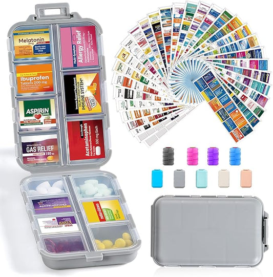 14 Grids Travel Pill Organizer Box with 415-Pcs Medicine Name Labels - Pocket Daily Pharmacy Case Container - Travel Medication Holder Dispenser Kit for Fish Oil Vitamin Supplement Storage - Grey