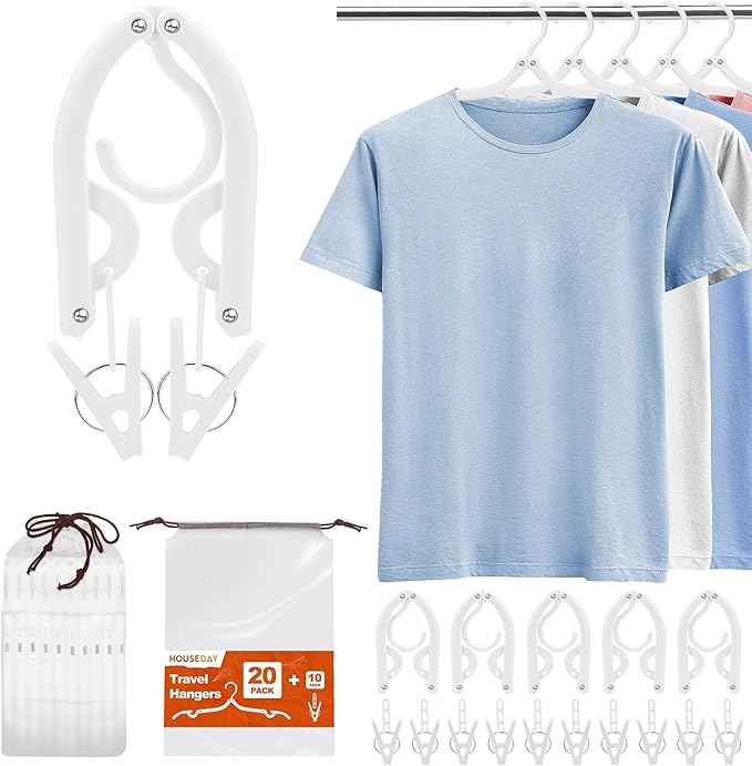 HOUSE DAY 20 Pack Travel Hangers with Clips, Cruise Essentials 2026, White Foldable Hangers for Pants Skirt, Lightweight Portable Collapsible Clothes Hangers Space Saving Set for Hotel, RV, Dorm