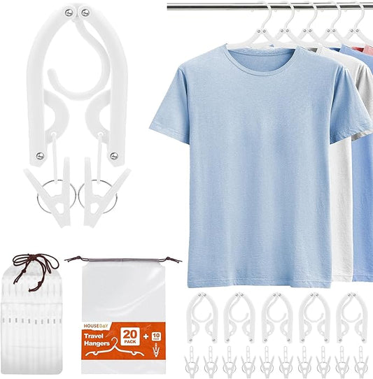 HOUSE DAY 20 Pack Travel Hangers with Clips, Cruise Essentials 2026, White Foldable Hangers for Pants Skirt, Lightweight Portable Collapsible Clothes Hangers Space Saving Set for Hotel, RV, Dorm