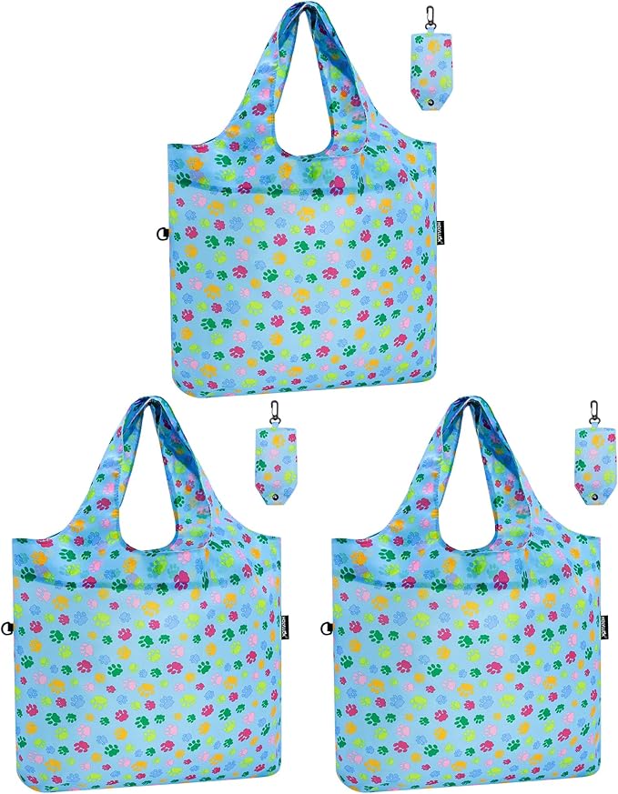 HOLYLUCK Reusable Grocery Bags,Heavy Duty Foldable Shopping Tote Bag (Standard, 3 Blue Dog Paw Prints)