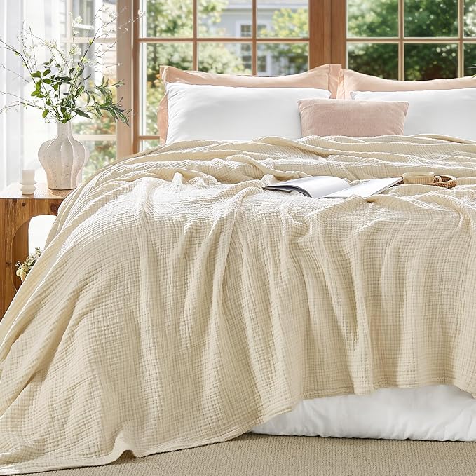 BEDELITE 100% Cotton Muslin Blankets for Adults - 4-Layer King Size Breathable and Lightweight Gauze Blanket for Couch, Bed, Travel and Summer, Soft & Cozy Gift for Women, Beige, 108"x90"