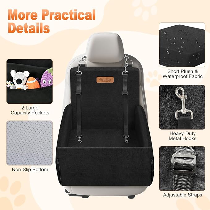 Elevated Dog Car Seat, Dog Booster Car Seats for Small & Medium Breeds Up to 35lbs, Fully Detachable and Washable, Memory Foam Pet Carseat with 2 Storage Pockets & 3 Safety Belts, Black