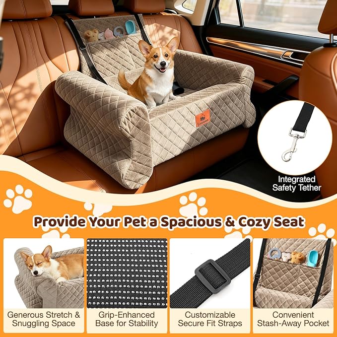 Dog Car Seat for Medium/Large Dogs up to 60 lbs, Memory Foam Dog Booster Seat with Thick Cushion, Pet Car Seat for Back with Detachable Washable Cover, Storage Pockets for SUV, Pick Up, Trunk, Khaki