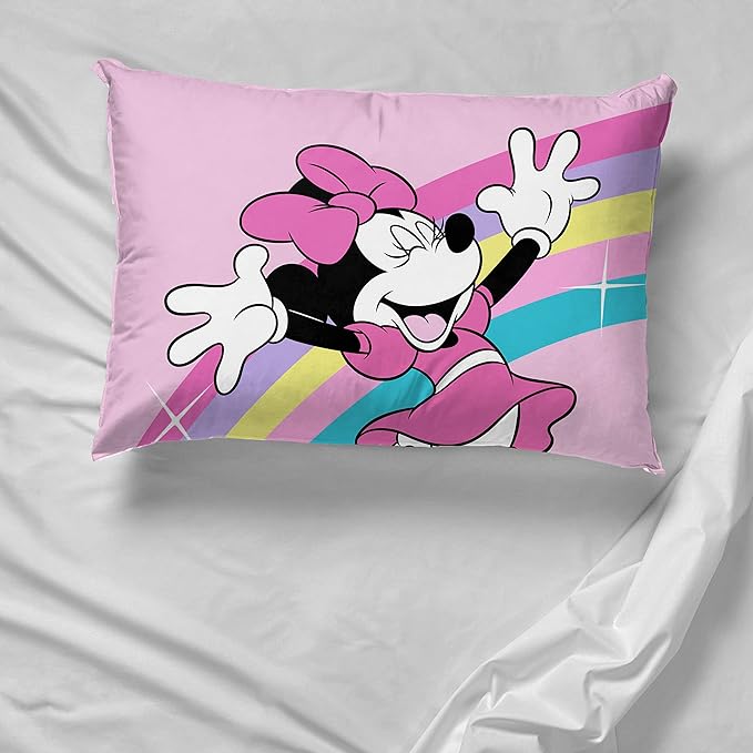 Jay Franco Disney Minnie Mouse Rainbow Stripe 1 Single Reversible Pillowcase - Double-Sided Kids Super Soft Bedding