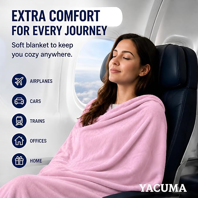 Travel Blanket Airplane Compact with Bag, Soft 40" x 60" Blanket with Luggage Strap & Underseat Personal Item Organizer for Flights, Home & Office, Pink