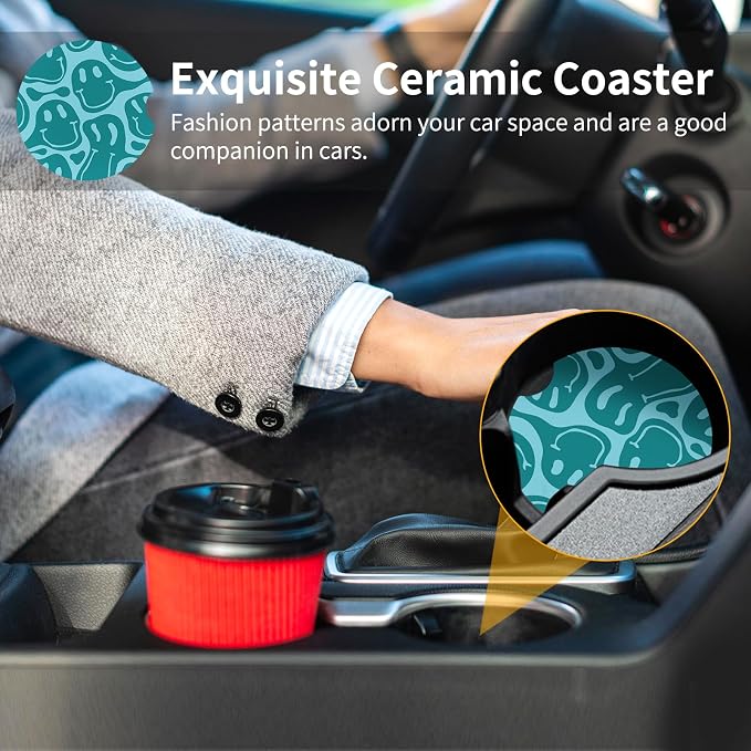 Car Coasters,Purple Smily Absorbent 2 Pack for Cup Holders with Finger Notch,2.56 inches Ceramics Heat Resistant Anti Slip Cork Base Car Drinks Coasters Auto Cup Holder(Blue-Green Smiley face)