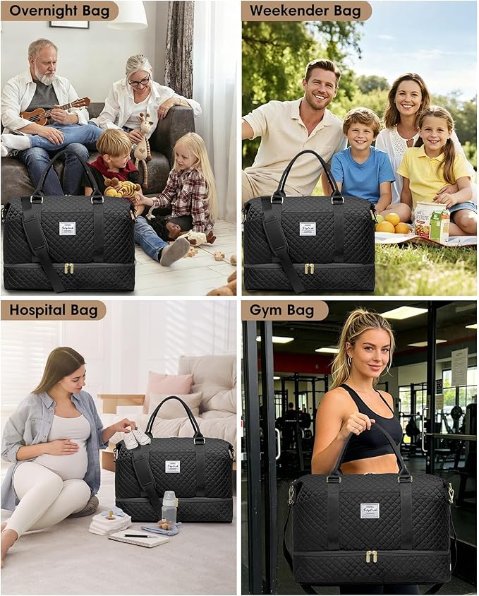 FIUAIE Overnight Weekender Bag for Women - Duffle Bags with Shoe Compartment Carry On Bag with Wet Pocket for Yoga Gym Travel Bags with Toiletry Bag for Business Trips Hospital Bags Black