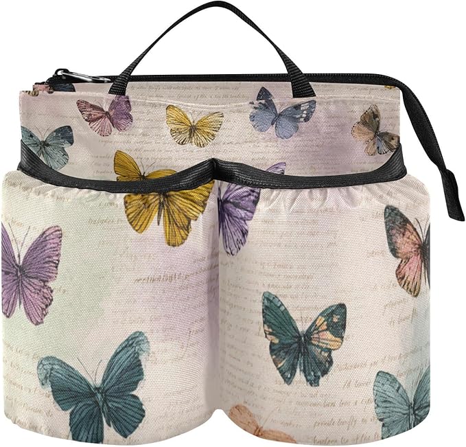 Luggage Cup Holder for Suitcases Free Hands Suitcase Cup Holder Travel Luggage Drink Holder Portable Luggage Cup Caddy Bag Carrier with Handle Vintage Beige Butterflies