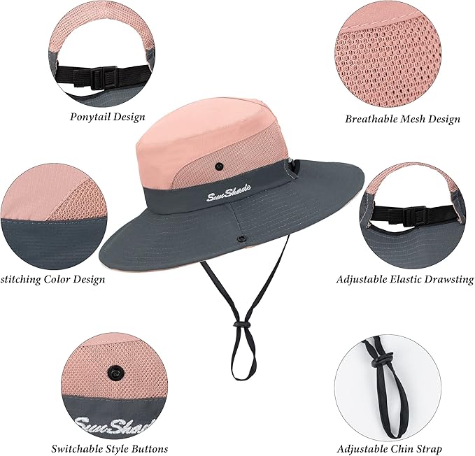 Sun Hat for Women Summer UV Protection Beach Hat Wide Brim Mesh Bucket Fishing Hat with Ponytail Hole Foldable Packable Hat