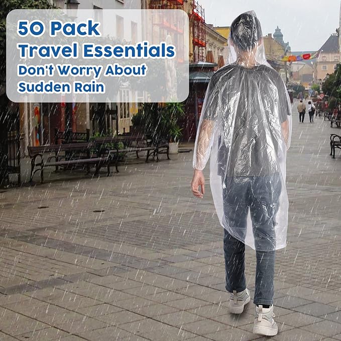 Berlune 50 Pcs Disposable Rain Ponchos for Adults Thick Disposable Ponchos Bulk with Hood Emergency Raincoats for Camping Themed Park, Clear