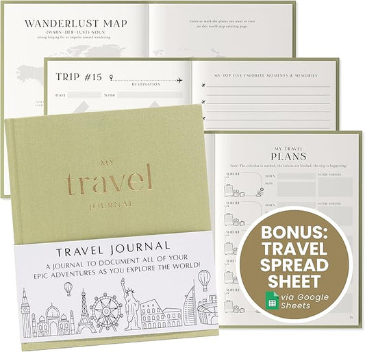 Inspired Ink Travel Journal for Women and Men Travel Bucket List Journal 210 Pages Traveler Adventure Notebook – Itinerary Planner Organizer & Traveling Memory Diary Memorial Gift for Travelers - Green