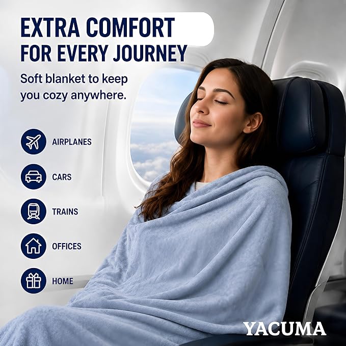 Travel Blanket Airplane Compact with Bag, Soft 40" x 60" Blanket with Luggage Strap & Underseat Personal Item Organizer for Flights, Home & Office, Grey