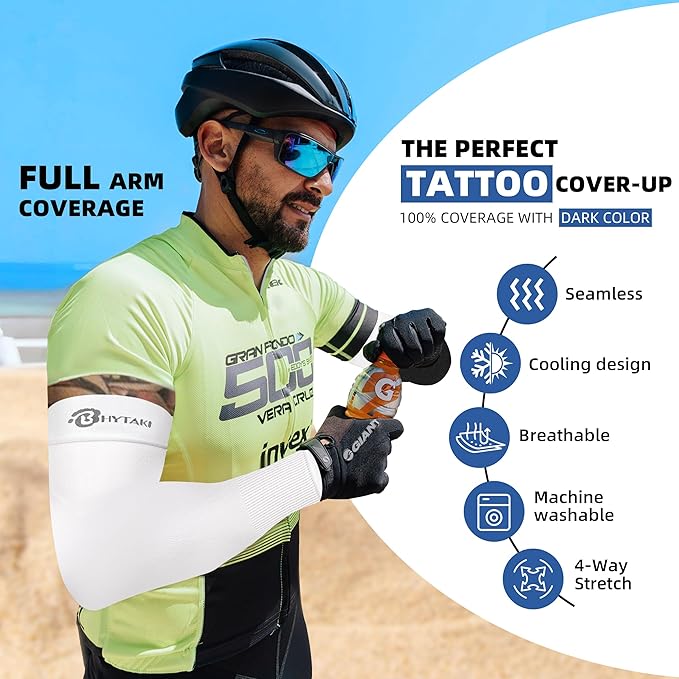 BHYTAKI Cooling Compression Arm Sleeves for Men Women,UPF50 UV Sun Protection Sleeves for Work Sport Tattoo Cover Up