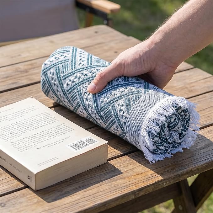 70x70 Bohemian Picnic Mat Extra Large, Sand Proof Outdoor Camping Blanket Machine Washable, Lightweight Portable Travel Tarp for 5-7 Adults Beach Park Grass (Green-T-Grid)