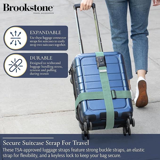 Brookstone Luggage Strap - 2-in-1 TSA-Approved Expandable Luggage Straps for Suitcases with Keyless 3-Digit Combination Lock, Size One Size, Vintage Green