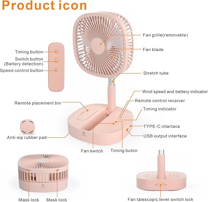 Magesh Portable Pedestal Fan - Foldaway Standing Fan Foldable Desk Fan, Use 7200Mah Rechargeable Battery, Remote Control Telescopic 4 Speed Quiet Timer Fan for Home Kitchen Outdoor Camping (Pink)