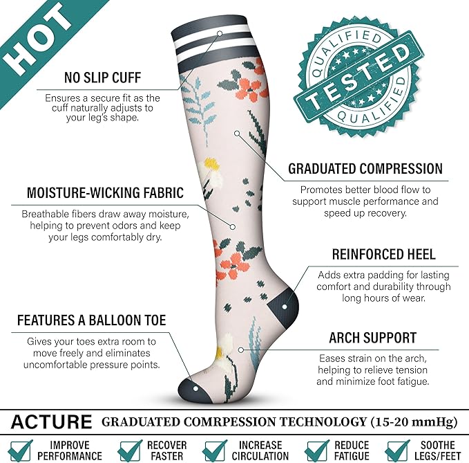 Acture 6 Pack Compression Socks for Women and Men - Knee High for Medical, Running, Nurses, Travel