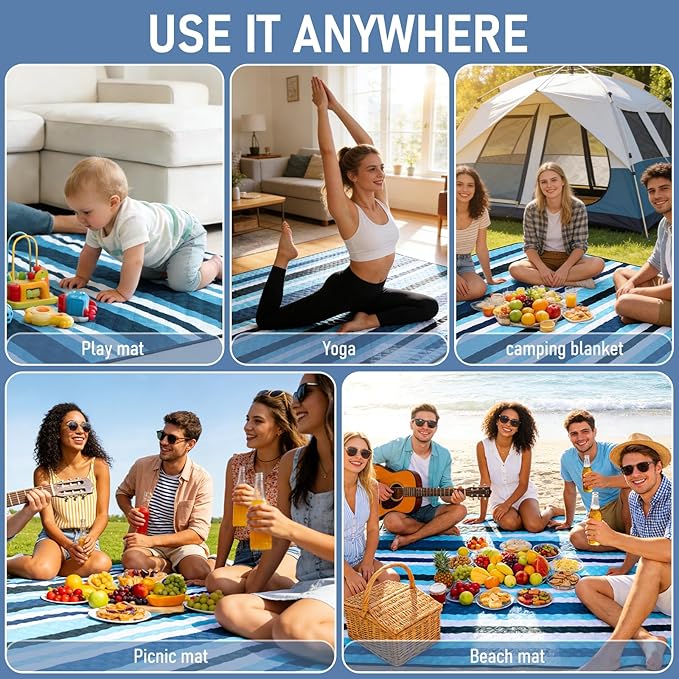 Beach Blanket Waterproof Sandproof, 80''x80''Extra Large Thick 5-Layer Big Outdoor Picnic Camping Blanket Easily Foldable Picnic Mat for Grass, Hiking, Travel, Concerts, Indoor