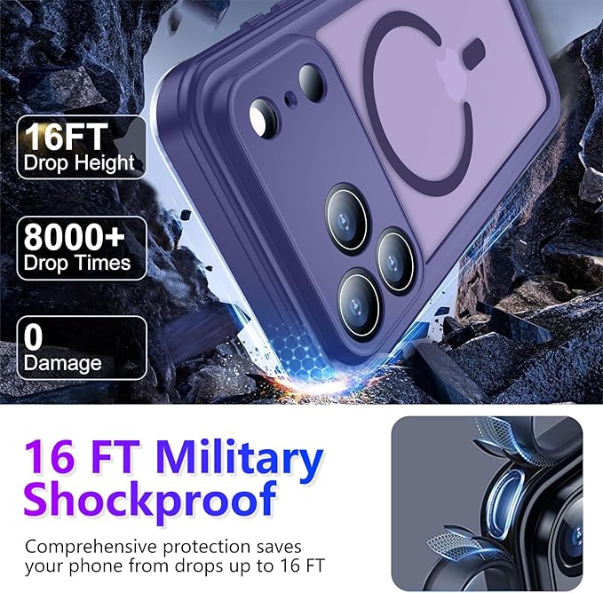 Magnetic Compatible with iPhone 17 Pro Max Case,Waterproof Built-in Screen & Camera Protector IP68 Underwater Full Body Military Dropproof Translucent Matte Phone Case 6.9"-Mag/Purple