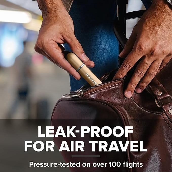 Travalo Classic HD Perfume Atomizer - Leak-Proof and TSA Approved for Air Travel - Reusable, Airtight, Easy-Fill Mini Pump Sprayer - Lightweight, Elegant Design w/Volume Window - Gold 0.17oz
