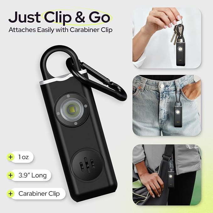 Personal Safety Alarm for Women – 130dB Loud Panic Siren Keychain - Rape Whistle Alternative – LED Light, Carabiner Clip, Low Battery Alert, USB-C Charging Self Defense Alarm by Weten (2 Pack Black)
