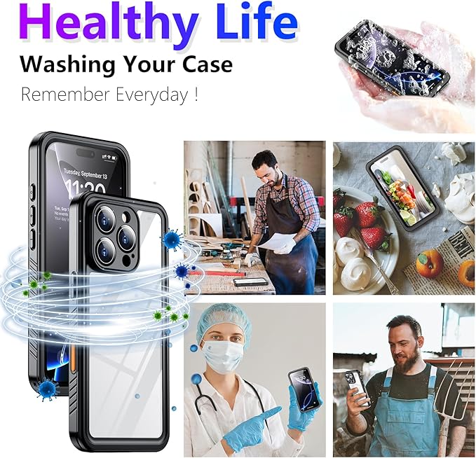 Compatible with iPhone 16 Pro Case Waterproof, Built-in Screen & Camera Protector IP68 Underwater Full Body 16FT Military Dropproof Shockproof Phone Case 6.3"-Black/Clear