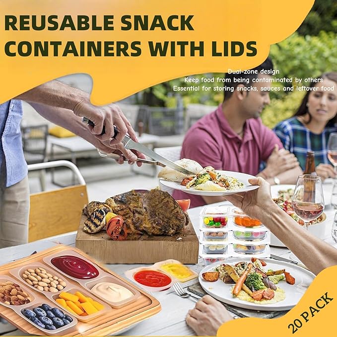 Snack Containers - Reusable 2 Compartment Condiment Containers with Lids for Take Out Sauce, Portion Control, Candies, Cookies (YELLOW)