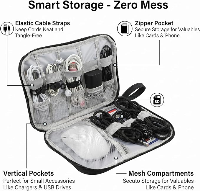 Electronics Organizer Travel Case with 6 Cable Ties, Travel Cord Organizer, Portable Waterproof Cable Organizers Storage Bag Charger Cord Organizers for Charger Phone Earphone Electronic