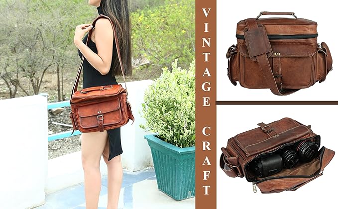 Leather Messenger Bag for Camera - Vintage Shoulder Satchel Camera Bag for DSLR, Canon, Nikon, Fuji Cameras - Travel, Portable Photography Bag