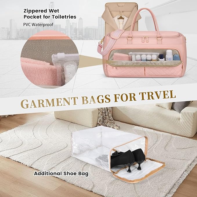 RAINSMORE Garment Bags for Travel Women Convertible Garment Duffle Bag for Hanging Clothes, Large Carry On Garment Bag with Shoe Bag & Wet Pocket, Foldable Dress Suit Business Travel Weekender Bags