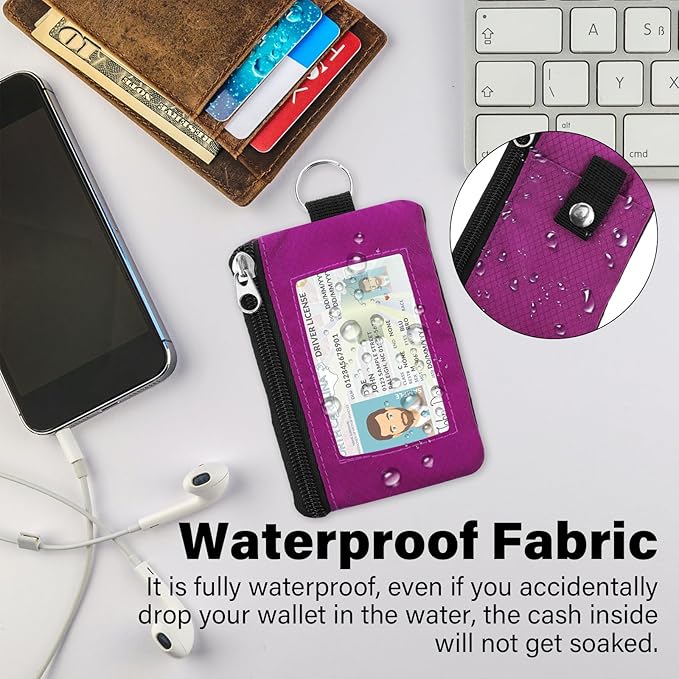 Minimalist RFID Wallet with Lanyard, Multi-Functional ID Case with 2 Zipper Pockets and Key Chain for Men and Women, Tactical Badge Pouch Cards Holder, Coin Purse for Travel Sports - Rose