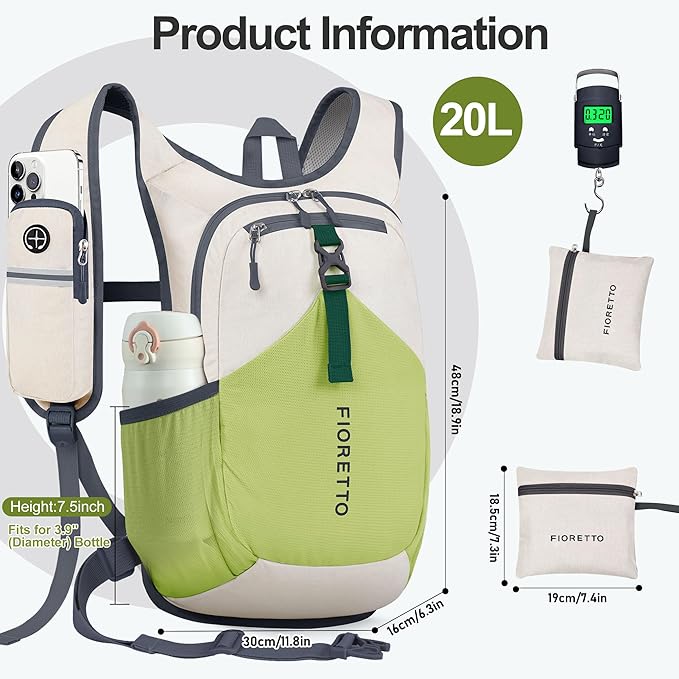 FIORETTO 20L Hiking Backpack for Women Men Mini Packable Backpack Lightweight Small Daypack for Camping Travel Outdoor, Beige and Green