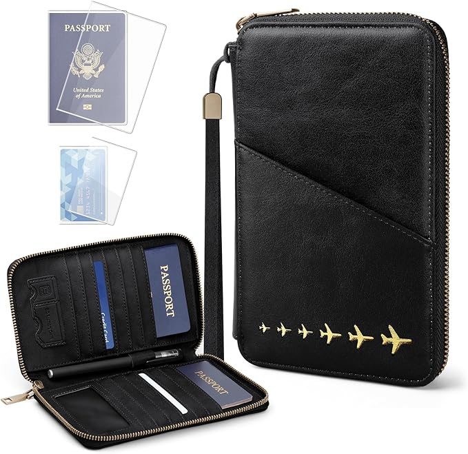 Family Passport Holder for 4 with Clear Passport Cover Anti-Theft RFID Blocking Passport Holder for Travel PU Passport Wallet Case Travel Document Organizer (Black)