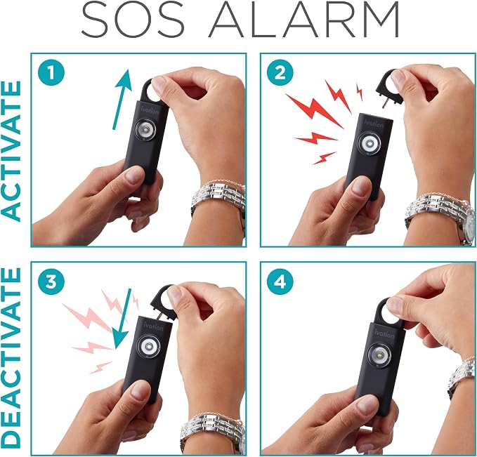 Ivation Personal Rechargeable SOS Alarm, Pocket Size Loud 130dB Sound Safety Siren & LED Panic Strobe Light with Carabiner Keychain Clip for Women, Children & Seniors, Black