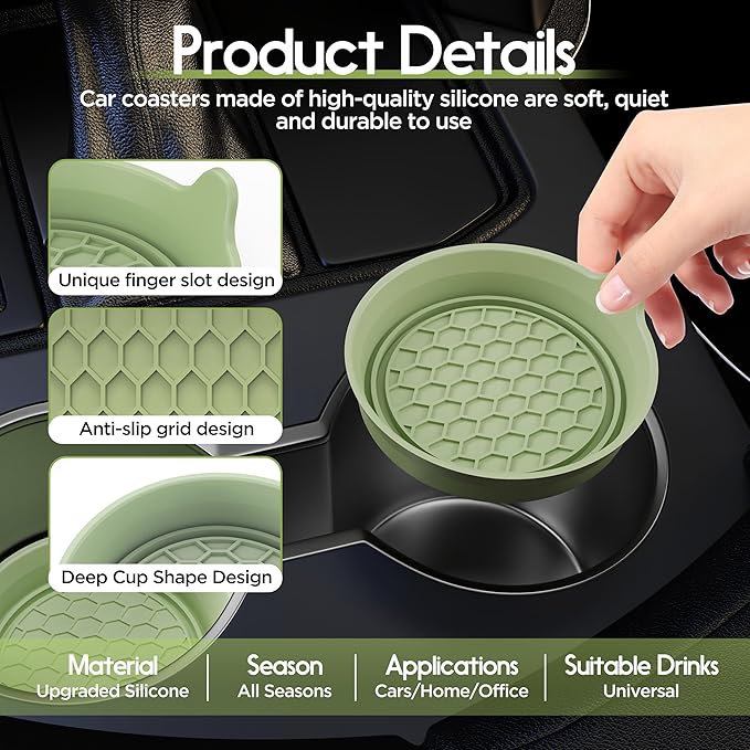 Amooca Car Cup Coaster Universal Automotive Waterproof Non-Slip Cup Holders Sift-Proof Spill Holder Car Interior Accessories 4 Pack Tea Green